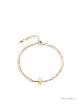 18K Gold Plated Adjustable Sideways Cross Bracelet Dainty Stainless Steel Chain